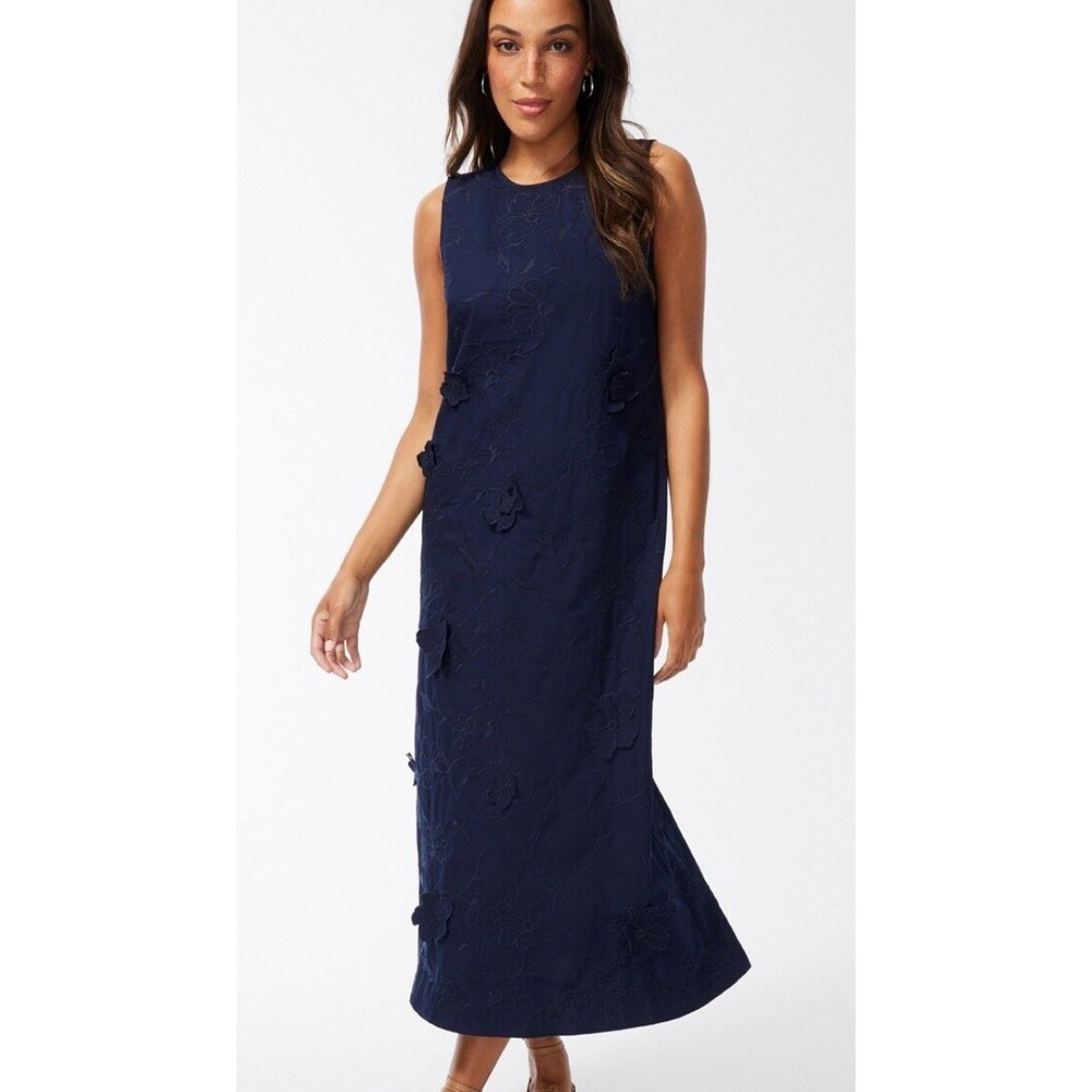 Chicos  Maxi Dress Size 12 100% Cotton Navy Blue Keyhole Neck